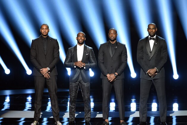 LOS ANGELES, CA - JULY 13: (L-R) NBA players Carmelo Anthony, Chris Paul, Dwyane Wade and LeBron James speak onstage during the 2016 ESPYS at Microsoft Theater on July 13, 2016 in Los Angeles, California.  (Photo by Kevin Winter/Getty Images)