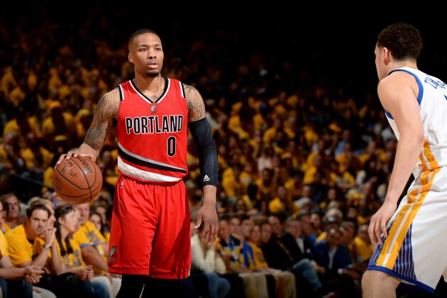 OAKLAND, CA - MAY 11: Damian Lillard #0 of the Portland Trail Blazers handles the ball during the game against the Golden State Warriors in Game Five of the Western Conference Semifinals during the 2016 NBA Playoffs on May 11, 2016 at ORACLE Arena in Oakland, California. NOTE TO USER: User expressly acknowledges and agrees that, by downloading and or using this photograph, user is consenting to the terms and conditions of Getty Images License Agreement. Mandatory Copyright Notice: Copyright 2016 NBAE (Photo by Garrett Ellwood/NBAE via Getty Images)