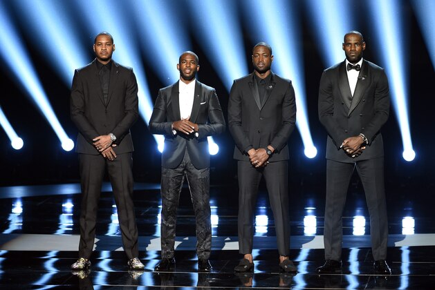 LOS ANGELES, CA - JULY 13: (L-R) NBA players Carmelo Anthony, Chris Paul, Dwyane Wade and LeBron James speak onstage during the 2016 ESPYS at Microsoft Theater on July 13, 2016 in Los Angeles, California.  (Photo by Kevin Winter/Getty Images)