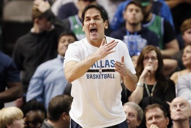 Dallas Mavericks owner Mark Cuban shouts from the sidelines during the second half of an NBA basketball game against the Portland Trail Blazers Sunday, March 20, 2016, in Dallas. Dallas won in overtime 132-120. (AP Photo/Brandon Wade)