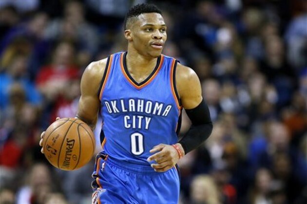 Oklahoma City Thunder guard Russell Westbrook (0) drives with the ball during the second half of an NBA basketball game against the New Orleans Pelicans Thursday, Feb. 25, 2016, in New Orleans. The Pelicans won 123-119. (AP Photo/Jonathan Bachman)