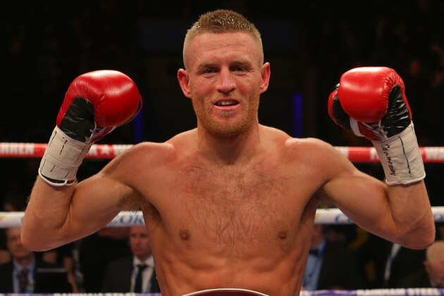 LIVERPOOL, ENGLAND - MARCH 12: Terry Flanagan celebrates beating Derry Matthews during their WBO World Lightweight Championship bout at the Echo Arena on March 12, 2016 in Liverpool, England. (Photo by Dave Thompson/Getty Images)