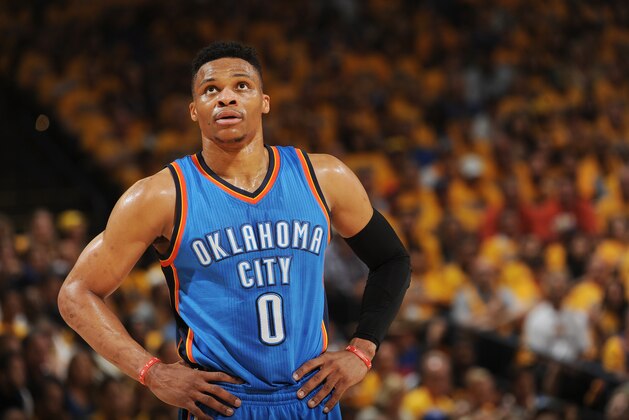 OAKLAND, CA - MAY 30:  Russell Westbrook #0 of the Oklahoma City Thunder stands on the court during the game against the Golden State Warriors in Game Seven of the Western Conference Finals during the 2016 NBA Playoffs on May 30, 2016 at ORACLE Arena in Oakland, California. NOTE TO USER: User expressly acknowledges and agrees that, by downloading and or using this photograph, user is consenting to the terms and conditions of Getty Images License Agreement. Mandatory Copyright Notice: Copyright 2016 NBAE (Photo by Noah Graham/NBAE via Getty Images)