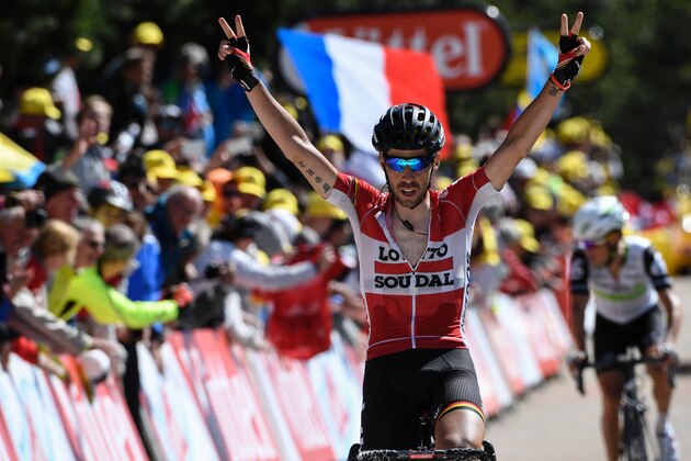 Belgium's Thomas De Gendt celebrates as he crosses the finish line of the 178 km twelvelth stage of the 103rd edition of the Tour de France cycling race on July 14, 2016 between Montpellier and Chalet-Reynard. / AFP / LIONEL BONAVENTURE        (Photo credit should read LIONEL BONAVENTURE/AFP/Getty Images)