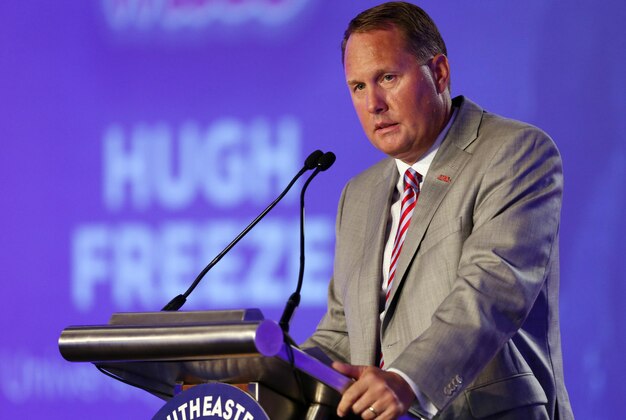 Jul 14, 2016; Hoover, AL, USA; Mississippi head coach Hugh Freeze speaks to media during SEC media day at Hyatt Regency Birmingham-The Wynfrey Hotel. Mandatory Credit: Butch Dill-USA TODAY Sports