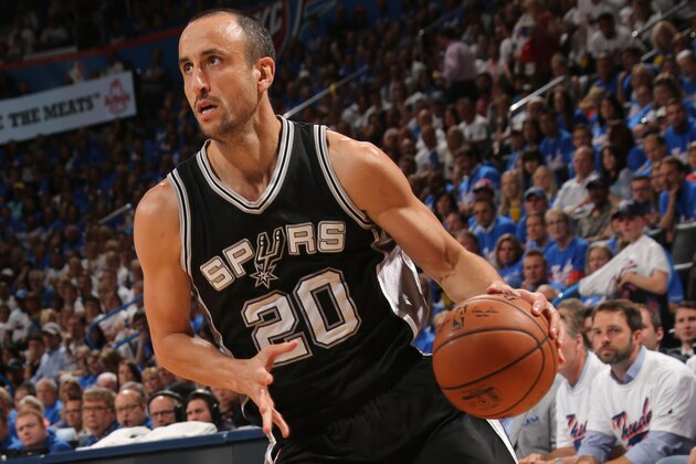 OKLAHOMA CITY, OK - MAY 6: Manu Ginobili #20 of the San Antonio Spurs drives against the Oklahoma City Thunder during Game Three of the Western Conference Semifinals during the 2016 NBA Playoffs on May 6, 2016 at Chesapeake Energy Arena in Oklahoma City, Oklahoma. NOTE TO USER: User expressly acknowledges and agrees that, by downloading and or using this Photograph, user is consenting to the terms and conditions of the Getty Images License Agreement. Mandatory Copyright Notice: Copyright 2016 NBAE (Photo by Layne Murdoch/NBAE via Getty Images)