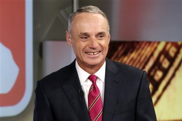 Major League Baseball Commissioner Rob Manfred is interviewed by Maria Bartiromo during her