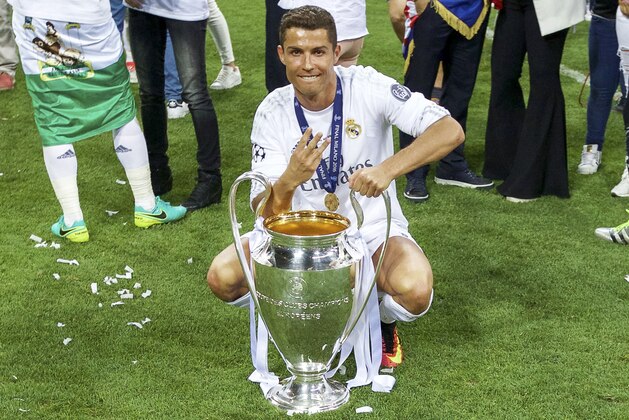 Cristiano Ronaldo of Real Madrid with Champions League trophy, Coupe des clubs Champions Europeeens during the UEFA Champions League final match between Real Madrid and Atletico Madrid on May 28, 2016 at the Giuseppe Meazza San Siro stadium in Milan, Italy.(Photo by VI Images via Getty Images)
