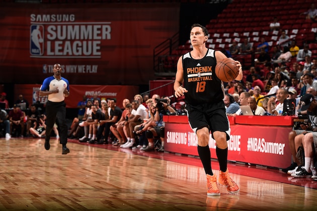 LAS VEGAS, NV - JULY 10: Kyle Kuric #18 of Phoenix Suns handles the ball during the game against the Boston Celtics during the 2016 NBA Las Vegas Summer League on July 10, 2016 at the Thomas & Mack Center in Las Vegas, Nevada. NOTE TO USER: User expressly acknowledges and agrees that, by downloading and or using this photograph, user is consenting to the terms and conditions of Getty Images License Agreement. Mandatory Copyright Notice: Copyright 2016 NBAE (Photo by Garrett Ellwood/NBAE via Getty Images)