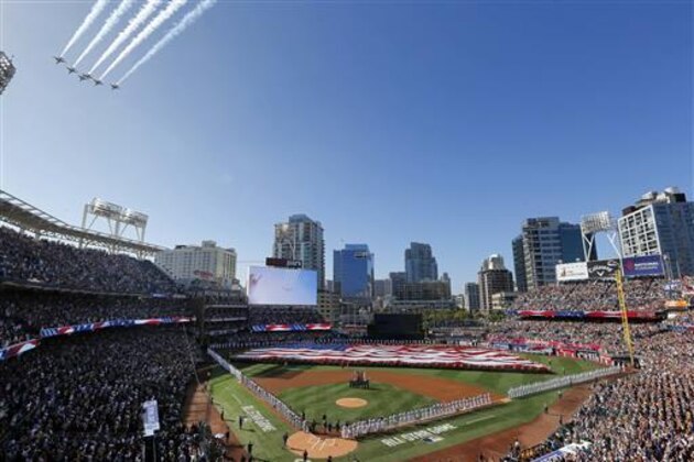 Jets fly above Petco Park during the national anthem prior to the MLB baseball All-Star Game, Tuesday, July 12, 2016, in San Diego. (AP Photo/Matt York)