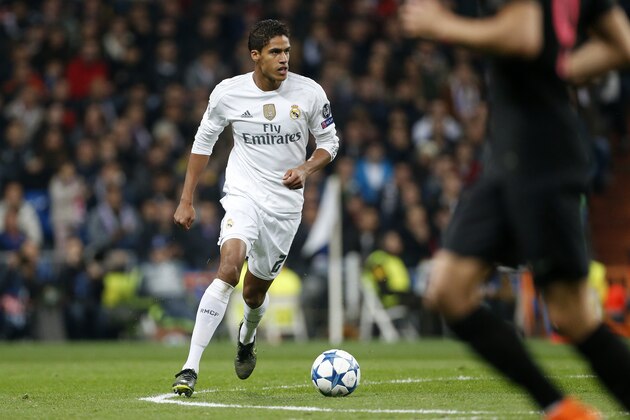MADRID, SPAIN - NOVEMBER 3: Raphael Varane of Real Madrid in action during the UEFA Champions League match between Real Madrid and Paris Saint-Germain (PSG) at Santiago Bernabeu stadium on November 3, 2015 in Madrid, Spain. (Photo by Jean Catuffe/Getty Images)