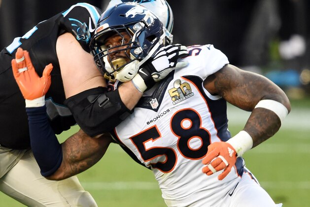 Feb 7, 2016; Santa Clara, CA, USA; Denver Broncos outside linebacker Von Miller (58) rushes against Carolina Panthers tackle Mike Remmers (74) in the second quarter in Super Bowl 50 at Levi's Stadium. Mandatory Credit: Robert Hanashiro-USA TODAY Sports