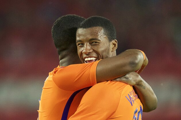 (L-R) Riechedly Bazoer of Holland, Georginio Wijnaldum of Holland during the friendly match between Austria and Netherlands on June 4, 2016 at the Ernst Happel stadium in Wien, Austria.(Photo by VI Images via Getty Images)