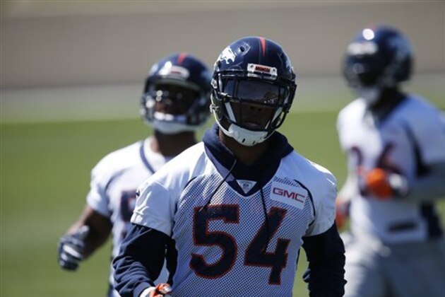 Denver Broncos linebacker Brandon Marshall during drills at the NFL football team's practice Tuesday, June 14, 2016, at the Broncos' headquarters in Englewood, Colo. (AP Photo/David Zalubowski)