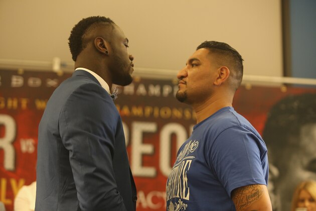 BIRMINGHAM, AL - JULY 14:  WBC World Heavyweight Champion Deontay Wilder and Chris Arreola face off during a press conference at the Birmingham-Jefferson Civic Center on July 14, 2016 in Birmingham, Alabama. The press conference was to hype their July 16th fight.  (Photo by David A. Smith/Getty Images)