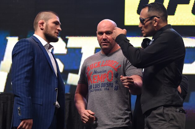 LAS VEGAS, NV - MARCH 04:  (L-R) Opponents Khabib Nurmagomedov and Tony Ferguson face off during the UFC Unstoppable launch press conference at the MGM Grand Garden Arena on March 4, 2016 in Las Vegas, Nevada. (Photo by Josh Hedges/Zuffa LLC/Zuffa LLC via Getty Images)