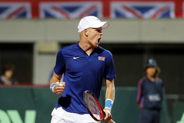 Britain's Kyle Edmund reacts after winning a point against Serbia's Janko Tipsarevic during the Davis Cup World Group quarter-final single men's tennis match between Serbia and Britain at the Tasmajdan stadium in Belgrade on July 15, 2016.  / AFP / PEDJA MILOSAVLJEVIC        (Photo credit should read PEDJA MILOSAVLJEVIC/AFP/Getty Images)