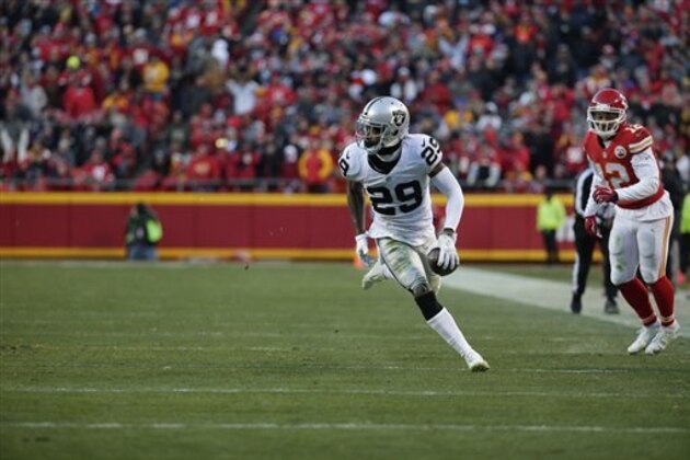 Oakland Raiders cornerback David Amerson (29) runs for a touchdown after intercepting a pass intended for Kansas City Chiefs wide receiver Albert Wilson (12), during the first half of an NFL football game in Kansas City, Mo., Sunday, Jan. 3, 2016. (AP Photo/Charlie Riedel)