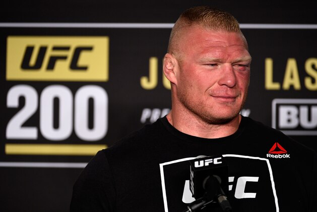 LAS VEGAS, NV - JULY 09:  Brock Lesnar speaks to the media during the UFC 200 post-fight press conference at T-Mobile Arena on July 9, 2016 in Las Vegas, Nevada.  (Photo by Jeff Bottari/Zuffa LLC/Zuffa LLC via Getty Images)