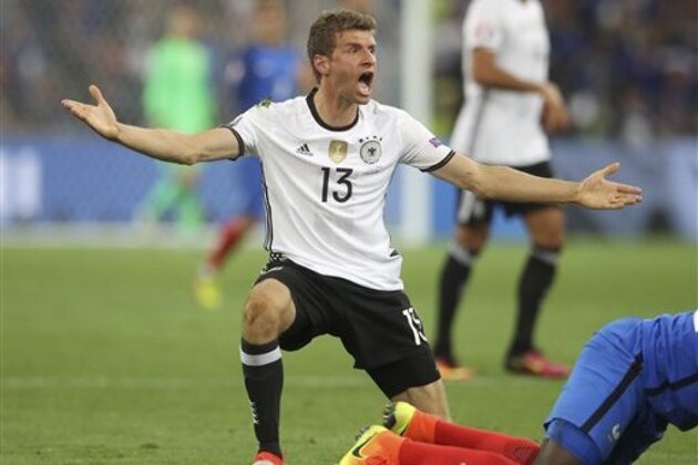 Germany's Thomas Mueller reacts during the Euro 2016 semifinal soccer match between Germany and France, at the Velodrome stadium in Marseille, France, Thursday, July 7, 2016. (AP Photo/Petr David Josek)