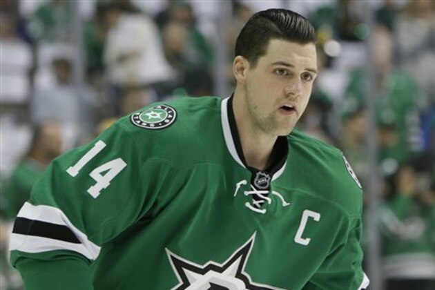 Dallas Stars left wing Jamie Benn (14) skates the ice before Game 2 of the NHL hockey Stanley Cup Western Conference semifinals against the St. Louis Blues Sunday, May 1, 2016, in Dallas. (AP Photo/LM Otero)