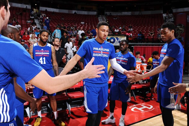 LAS VEGAS, NV - JULY 15: Ben Simmons #25 of Philadelphia 76ers gets introduced before the game against the Miami Heat during the 2016 Las Vegas Summer League on July 15, 2016 at the Thomas & Mack Center in Las Vegas, Nevada. NOTE TO USER: User expressly acknowledges and agrees that, by downloading and or using this Photograph, user is consenting to the terms and conditions of the Getty Images License Agreement. Mandatory Copyright Notice: Copyright 2016 NBAE (Photo by Garrett Ellwood/NBAE via Getty Images)
