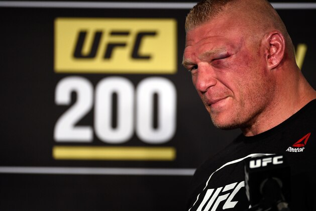 LAS VEGAS, NV - JULY 09:  Brock Lesnar speaks to the media during the UFC 200 post-fight press conference at T-Mobile Arena on July 9, 2016 in Las Vegas, Nevada.  (Photo by Jeff Bottari/Zuffa LLC/Zuffa LLC via Getty Images)