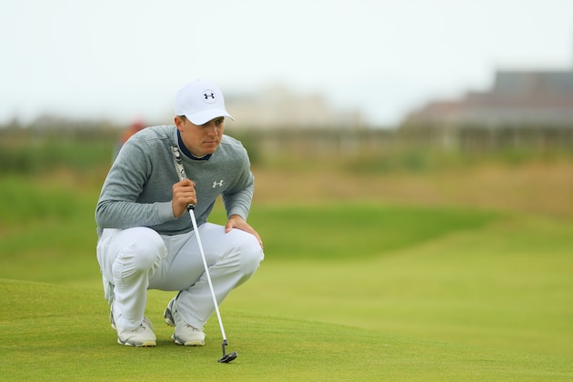 TROON, SCOTLAND - JULY 16:  Jordan Spieth of the United States lines up a putt on the 1st green during the third round on day three of the 145th Open Championship at Royal Troon on July 16, 2016 in Troon, Scotland.  (Photo by Andrew Redington/Getty Images)