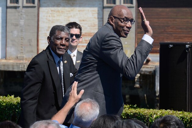 SAN FRANCISCO, CA - MAY 22:  Former Golden State Warriors players (L-R) Al Attles and Nate Thurmond stand up and acknowledge the media at a press conference with the Golden State Warriors announcing plans to build a new sport and entertainment arena on the waterfront in San Francisco in time for the 2017-18 NBA Season on May 22, 2012 in San Francisco, California.  (Photo by Thearon W. Henderson/Getty Images)