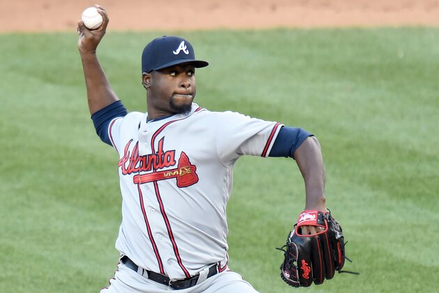 WASHINGTON, DC - APRIL 14:  Arodys Vizcaino #38 of the Atlanta Braves pitches during a baseball game against the Washington Nationals at Nationals Park on April 14, 2016 in the Washington, DC.  The Nationals won 6-2.  (Photo by Mitchell Layton/Getty Images)