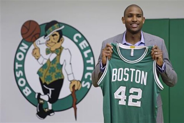 Boston Celtics forward Al Horford holds up a jersey during a media availability at the team's practice facility, Friday, July 8, 2016, in Waltham, Mass. Horford agreed to a four-year, $113 million deal with the Celtics as an unrestricted free agent, ending nearly ten years with the Atlanta Hawks. (AP Photo/Charles Krupa)