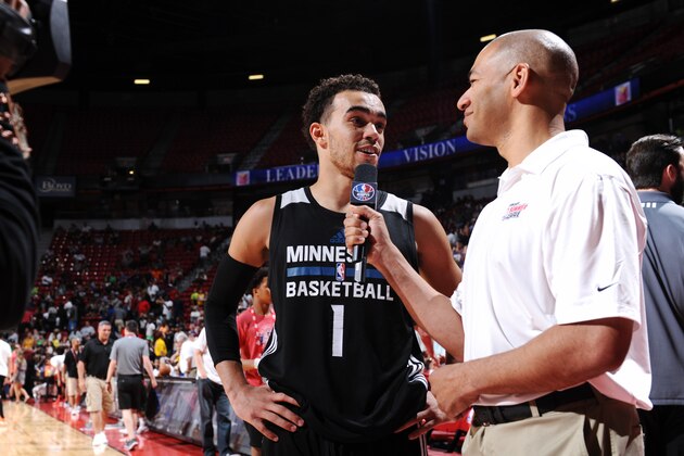 LAS VEGAS, NV - JULY 16: Tyus Jones #1 of Minnesota Timberwolves is interviewed after the game against the Toronto Raptors during the 2016 Las Vegas Summer League on July 16, 2016 at the Thomas & Mack Center in Las Vegas, Nevada. NOTE TO USER: User expressly acknowledges and agrees that, by downloading and or using this Photograph, user is consenting to the terms and conditions of the Getty Images License Agreement. Mandatory Copyright Notice: Copyright 2016 NBAE (Photo by Garrett Ellwood/NBAE via Getty Images)