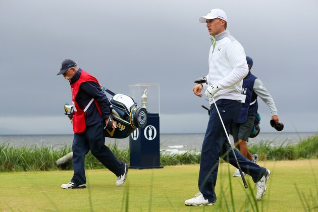 TROON, SCOTLAND - JULY 17:  Jordan Spieth of the United States walks past the Claret Jug on the 1st tee with his caddie Michael Greller during the final round on day four of the 145th Open Championship at Royal Troon on July 17, 2016 in Troon, Scotland.  (Photo by Andrew Redington/Getty Images)
