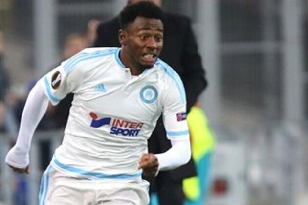 Marseille's midfielder Georges-Kevin N'Koudou, runs with the ball, during an Europa League first leg soccer match between Marseille and Athletic Bilbao, at the Velodrome stadium, in Marseille, southern France, Thursday, Feb.18, 2016. (AP Photo/Claude Paris)