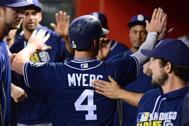 PHOENIX, AZ - JULY 05:  Wil Myers #4 of the San Diego Padres is congratulated by teammates after scoring against the Arizona Diamondbacks during the third inning at Chase Field on July 5, 2016 in Phoenix, Arizona.  (Photo by Jennifer Stewart/Getty Images)