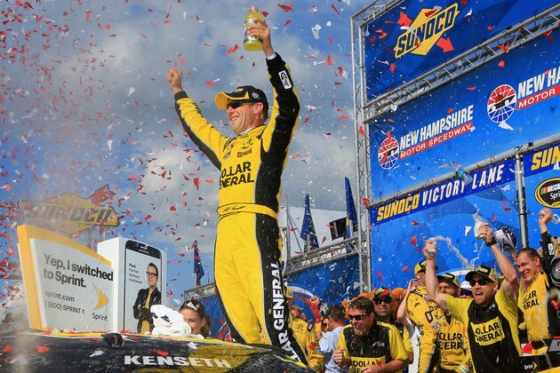 LOUDON, NH - JULY 17:  Matt Kenseth, driver of the #20 Dollar General Toyota, celebrates in Victory Lane after winning the NASCAR Sprint Cup Series New Hampshire 301 at New Hampshire Motor Speedway on July 17, 2016 in Loudon, New Hampshire.  (Photo by Daniel Shirey/Getty Images)