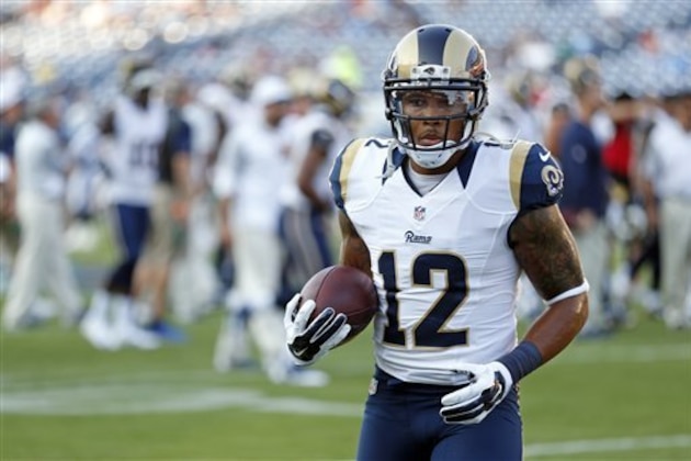 St. Louis Rams wide receiver Stedman Bailey warms up before a preseason NFL football game against the Tennessee Titans Sunday, Aug. 23, 2015, in Nashville, Tenn. (AP Photo/Weston Kenney)