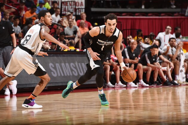 LAS VEGAS, NV - JULY 17:  Tyus Jones #1 of the Minnesota Timberwolves handles the ball against the Phoenix Suns during the 2016 NBA Las Vegas Summer League game on July 17, 2016 at the Thomas & Mack Center in Las Vegas, Nevada. NOTE TO USER: User expressly acknowledges and agrees that, by downloading and or using this photograph, User is consenting to the terms and conditions of the Getty Images License Agreement. Mandatory Copyright Notice: Copyright 2016 NBAE  (Photo by Garrett Ellwood/NBAE via Getty Images)