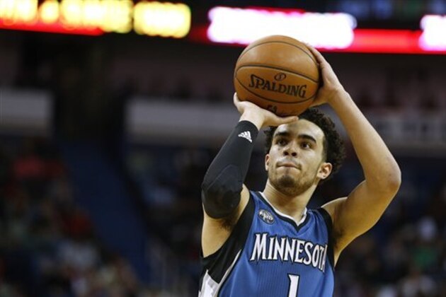 Minnesota Timberwolves guard Tyus Jones (1) shoots the ball during the second half of an NBA basketball game Saturday, Feb. 27, 2016, in New Orleans. The Timberwolves won 112-110. (AP Photo/Jonathan Bachman)