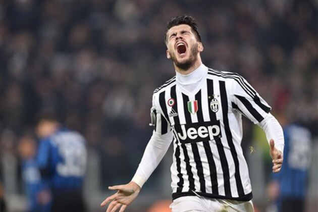 Juventus forward Alvaro Morata celebrates after scoring his second goal during the Italian Cup first-leg, semifinal match between Juventus and Fc Internazionale of Milan at the Olympic stadium in Turin, Italy, Wednesday, Jan. 27, 2016. (Alessandro Di Marco/ANSA via AP Photo) ITALY OUT