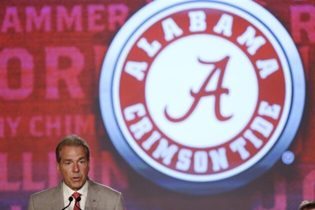 Alabama coach Nick Saban speaks to the media at the Southeastern Conference NCAA college football media days, Wednesday, July 13, 2016, in Hoover, Ala. (AP Photo/Brynn Anderson)