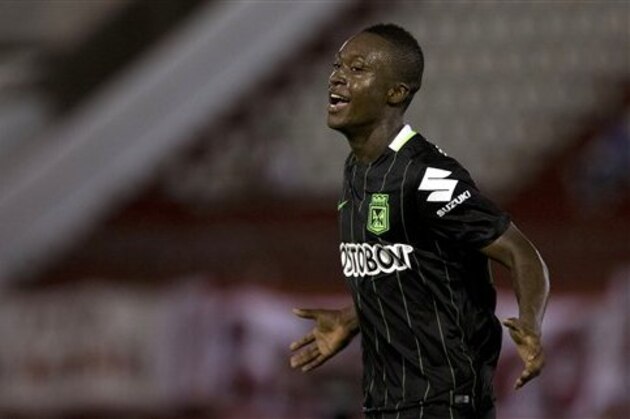 Marlos Moreno of Colombia's Atletico Nacional, celebrates scoring against Argentina's Huracan during a Copa Libertadores soccer match in Buenos Aires, Argentina, Tuesday, Feb. 23, 2016. (AP Photo/Natacha Pisarenko)