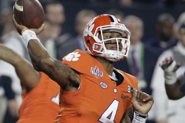 FILE - In this Jan. 11, 2016, file photo, Clemson quarterback Deshaun Watson throws during the first half of the NCAA college football playoff championship game against Alabama, in Glendale, Ariz. Some teams in the ACC’s Atlantic Division kept their offenses humming this spring. Others simply tried to get them started. (AP Photo/Chris Carlson, File)
