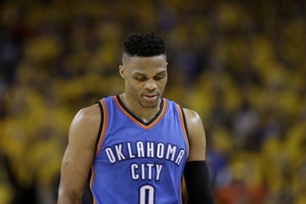 Oklahoma City Thunder guard Russell Westbrook (0) walks on the court during the second half of Game 2 of the NBA basketball Western Conference finals against the Golden State Warriors in Oakland, Calif., Wednesday, May 18, 2016. The Warriors won 118-91. (AP Photo/Marcio Jose Sanchez) Oklahoma City Thunder guard Russell Westbrook (0) walks on the court during the second half of Game 2 of the NBA basketball Western Conference finals against the Golden State Warriors in Oakland, Calif., Wednesday, May 18, 2016. The Warriors won 118-91. (AP Photo/Marcio Jose Sanchez)