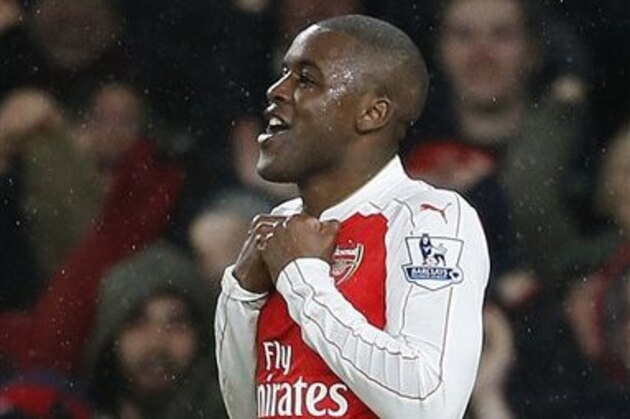 Arsenal's Joel Campbell celebrates after scoring during the English Premier League soccer match between Arsenal and Swansea City at the Emirates stadium in London, Wednesday, March 2, 2016.(AP Photo/Frank Augstein)