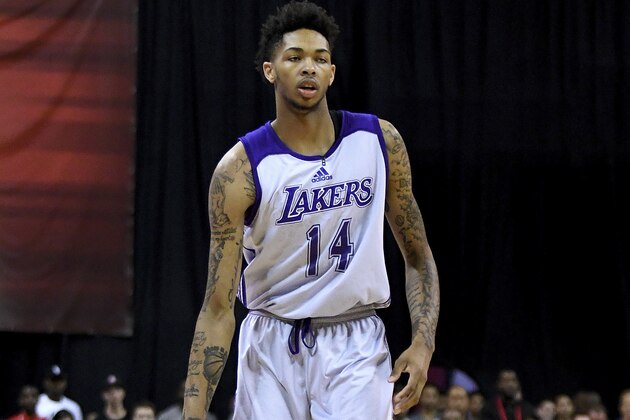 Jul 9, 2016; Las Vegas, NV, USA; Los Angeles Lakers forward Brandon Ingram (14) dribbles the ball during an NBA Summer League game against the Philadelphia 76ers at Thomas & Mack Center. Mandatory Credit: Stephen R. Sylvanie-USA TODAY Sports