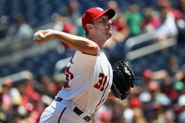 WASHINGTON, DC - JULY 17: Starting pitcher Max Scherzer #31 of the Washington Nationals throws to a Pittsburgh Pirates batter in the first inning at Nationals Park on July 17, 2016 in Washington, DC.  (Photo by Rob Carr/Getty Images)