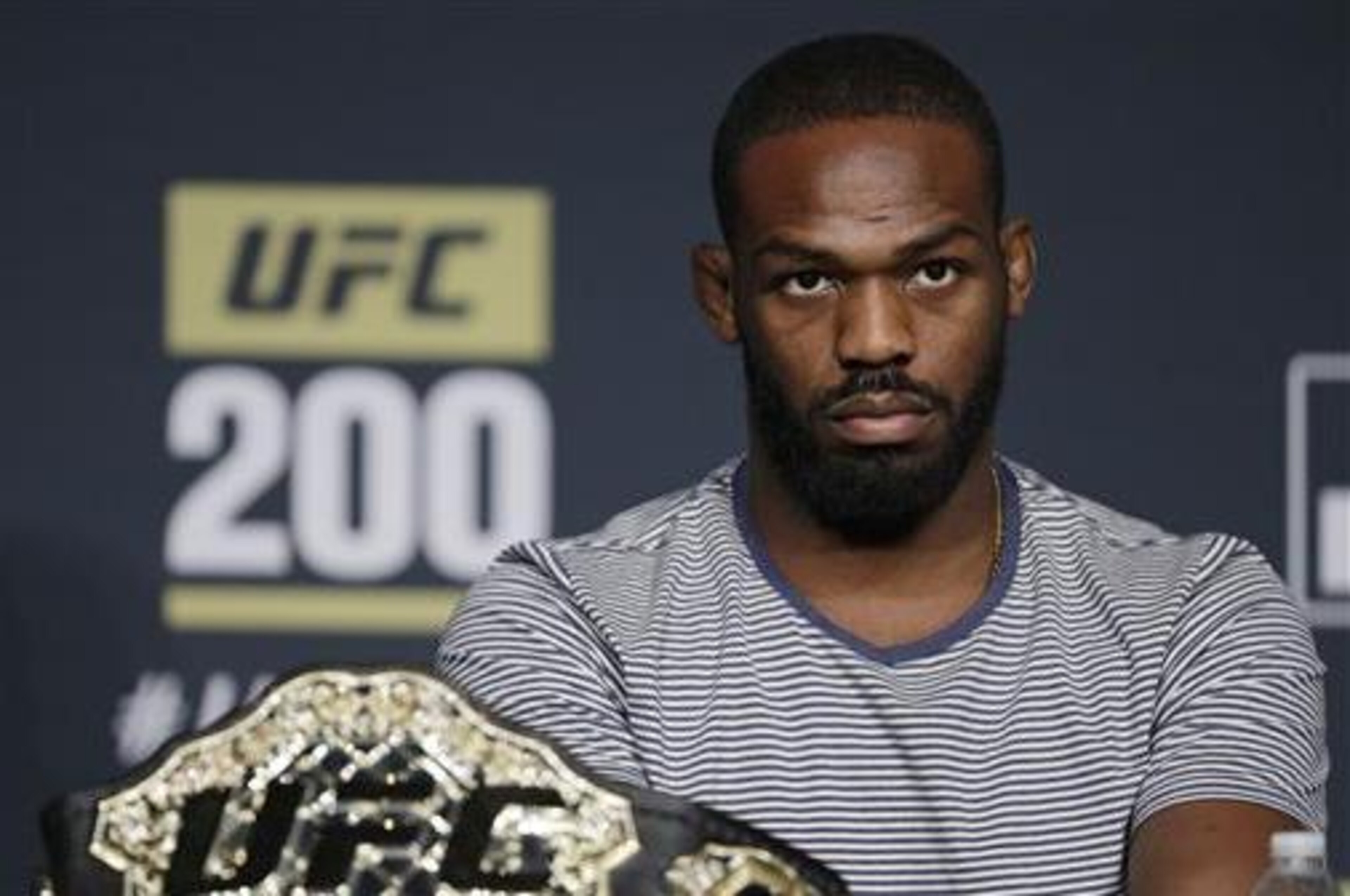 Jon Jones attends a UFC 200 mixed martial arts news conference, Wednesday, July 6, 2016, in Las Vegas. Jones is scheduled to fight Daniel Cormier in a light heavyweight championship fight at UFC 200 on Saturday. (AP Photo/John Locher)