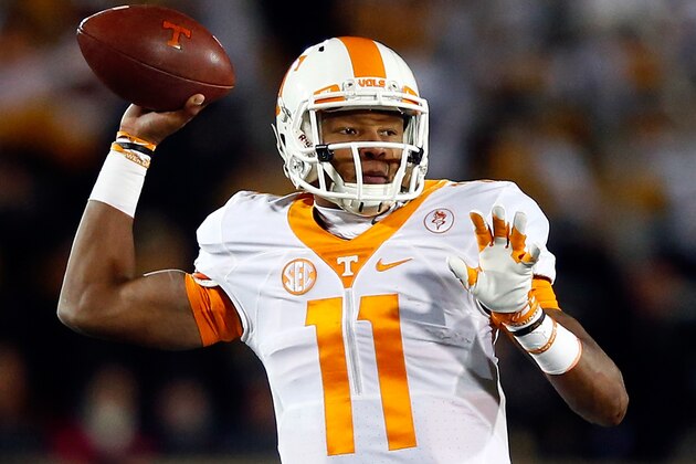 COLUMBIA, MO - NOVEMBER 21:  Quarterback Joshua Dobbs #11 of the Tennessee Volunteers passes during the game against the Missouri Tigers at Faurot Field/Memorial Stadium on November 21, 2015 in Columbia, Missouri.  (Photo by Jamie Squire/Getty Images)