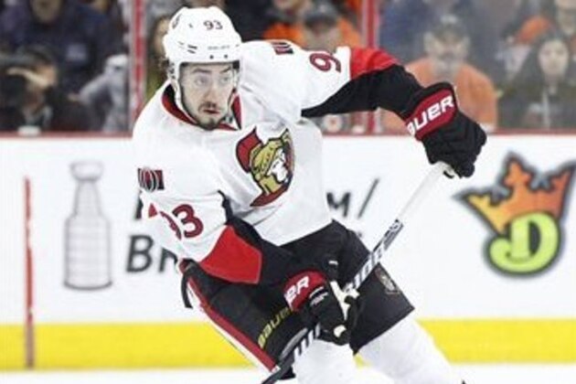 Ottawa Senators' Mika Zibanejad (93), of Sweden, skates with the puck during the first period of an NHL hockey game against the Philadelphia Flyers, Saturday, April 2, 2016, in Philadelphia. (AP Photo/Chris Szagola)